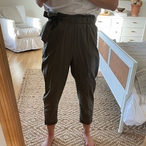 Zara olive green paper bag pants with bow detail